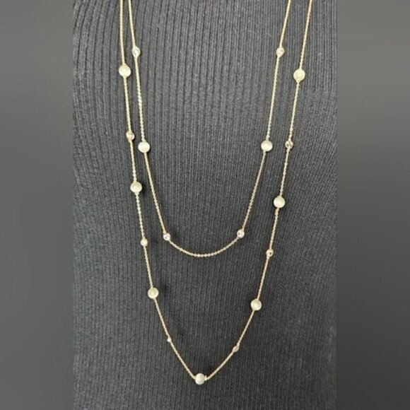 Gold Tone Double Layer Necklace w/ Pearls & Crystal Stations - Picture 3 of 6